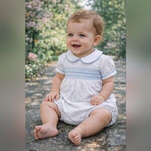 💙 Petit Bébé Smocked Bubble Romper 9M Classic Heirloom Baby Blue White Outfit